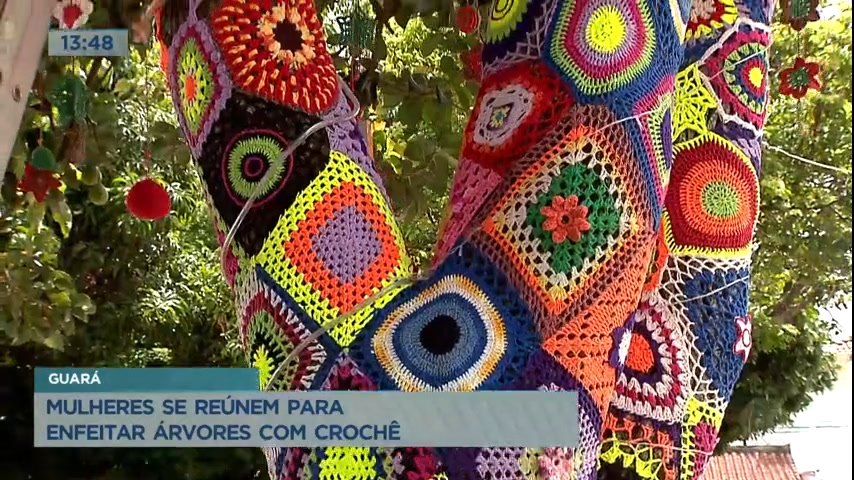 Grupo de mulheres se reúnem para enfeitar árvores com crochê