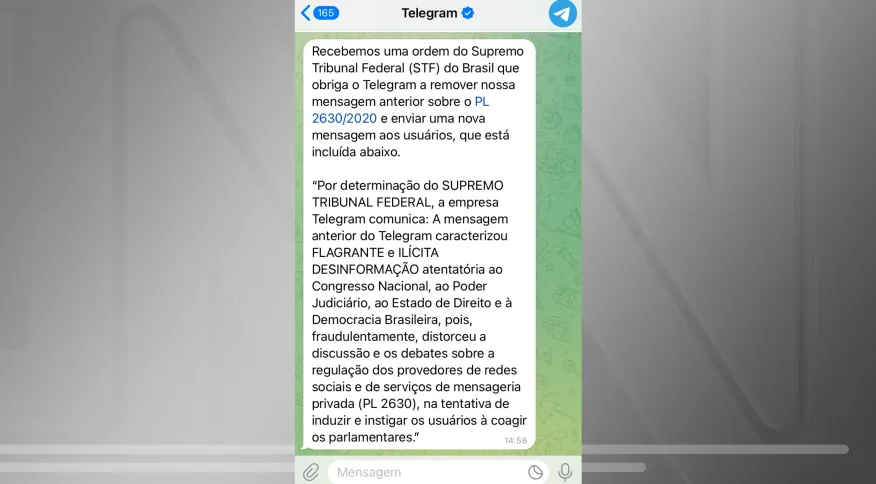 Telegram cumpre ordem do STF, apaga mensagem sobre o PL das Fake News e divulga texto sobre desinformação no lugar